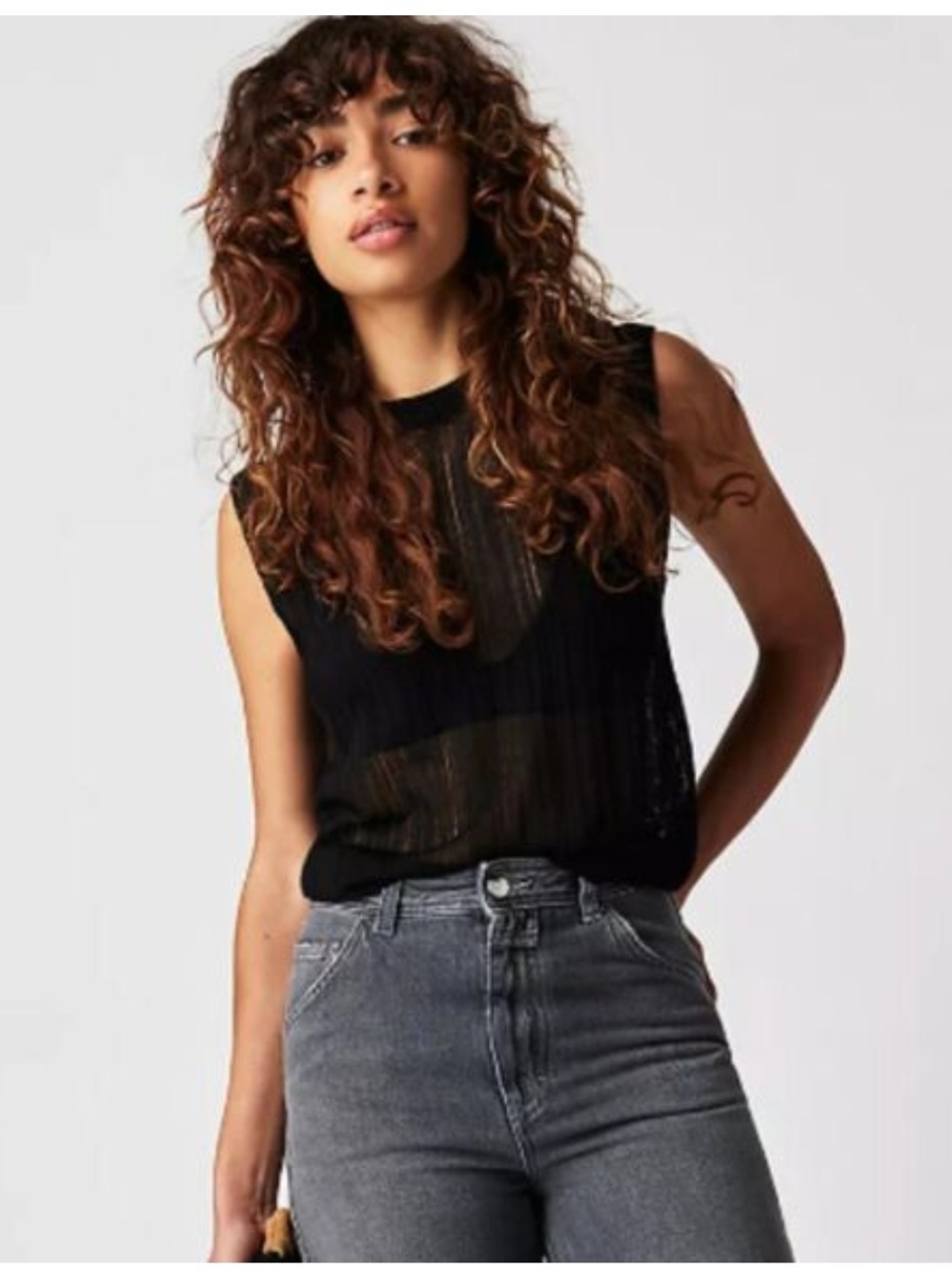 Free People Black Sheer Striped Sleeveless Tank